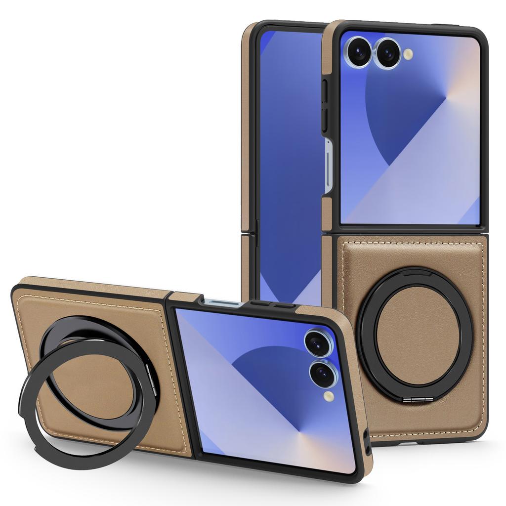 For Samsung Galaxy Z Flip7 5G Case with Ring Kickstand Compatible with MagSafe PU Leather Back Cover