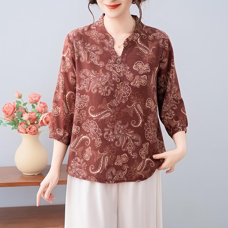 

Spring/Summer Printed Stand-Collar Mid-Sleeve Cotton Linen Blouse for Young and Middle-aged Women 4XL (135-150 jin)