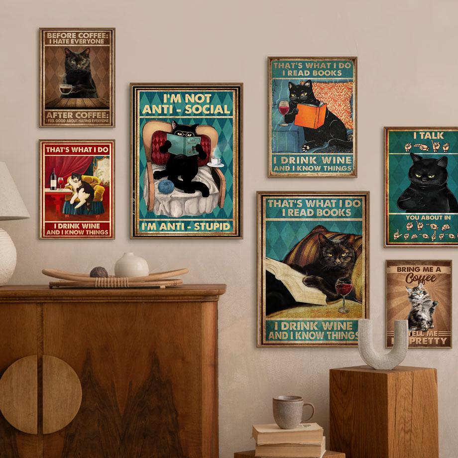 Funny Retro Cat Book Cocktail Wall Art Canvas Painting I'm Anti-Stupid Posters Prints Bar Wall Pictures For Living Room Decor
