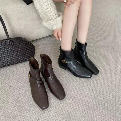 Soft Leather Fashion Square Head Short Boots Women's Autumn and Winter New Korean Temperament Thick Heel Thin Boots Foreign Style Women's Boots