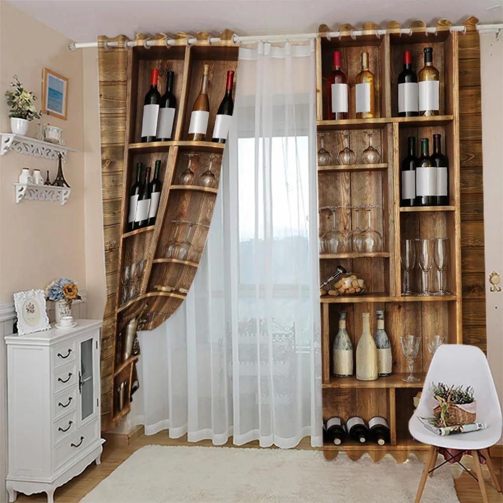 Shade Curtain 3D Fashion Wine Cabinet Curtains For Living Room 2 Elegant Pieces, Shading Window Curtain For Bedroom Decor
