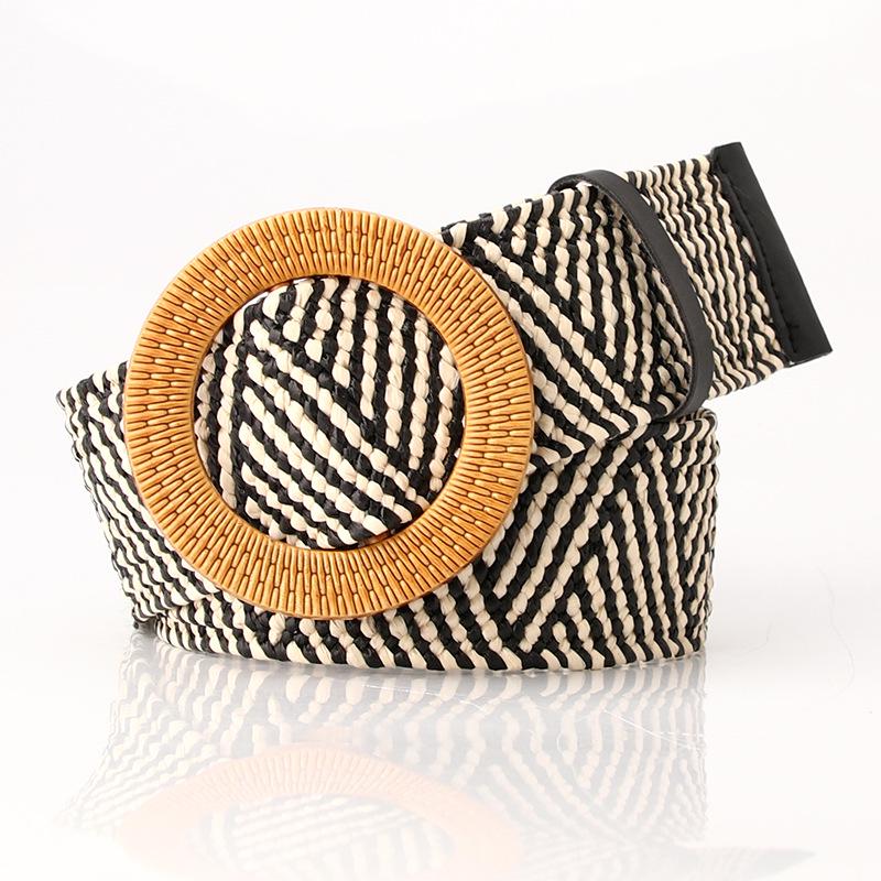 

Женский широкий эластичный ремень с круглой пряжкой - хлопок и лен, соломенный стиль, Mori Girl Fashion.