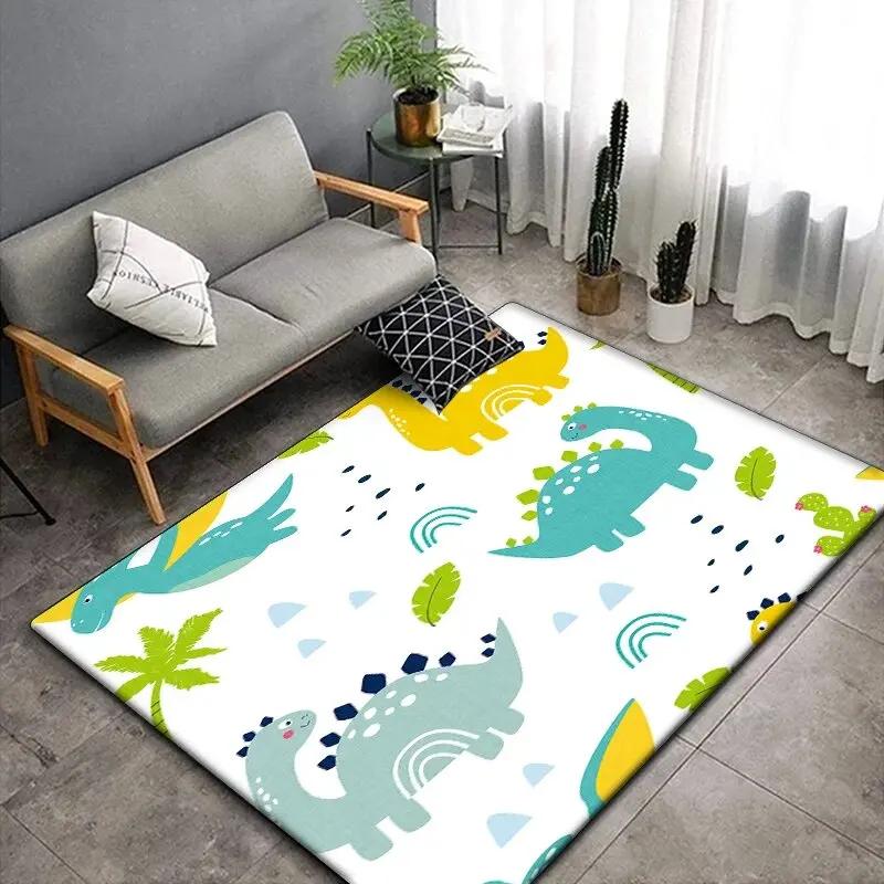 1 pieza Alfombra linda con estampado de dinosaurio de dibujos animados para sala de estar, dormitorio, alfombra para gatear para niños resistente a las arrugas, alfombra de suelo antideslizante