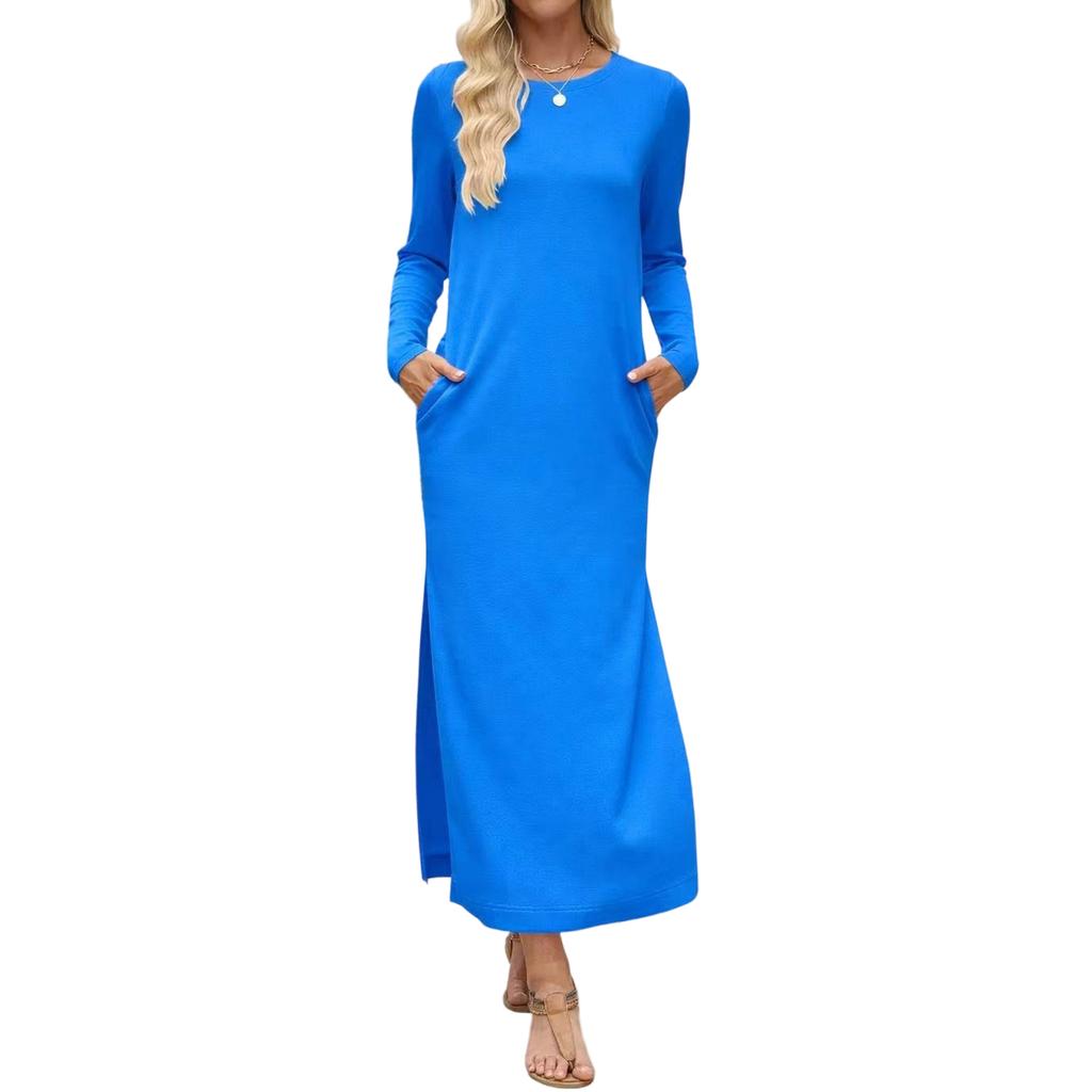 Women's Long Sleeve Solid Color Split Hem Maxi Dress with Double Pockets Straight Cut Casual Long Dress