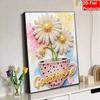 DIY Frameless Pearl Painting Kit Daisy Flowers in Teacup Design 3D Shiny Bead Art Canvas Relaxing Craft for Home Wall Decor Birthday Gift