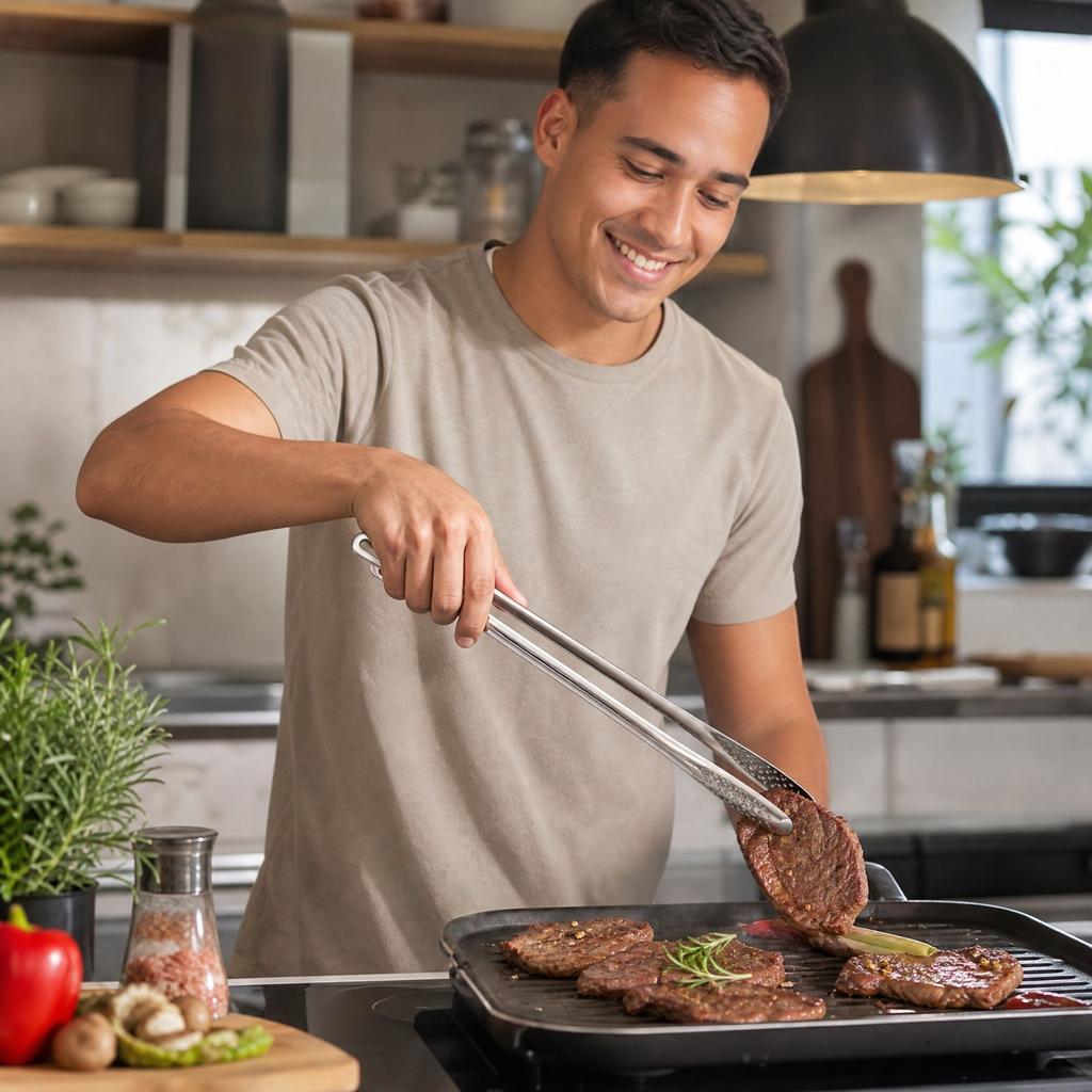 Stainless Korean BBQ Tongs with Long Handle, Large Grilling Tongs for Kitchen Barbecue Steak and Food