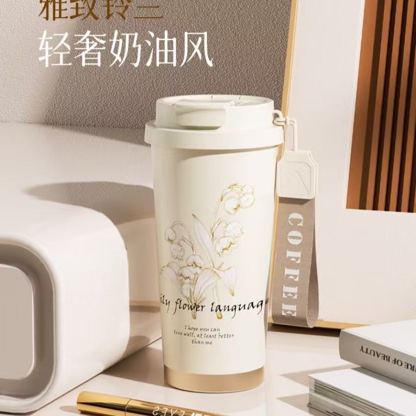 

2025 Новая женская кружка для кофе с цветком 500 мл из нержавеющей стали с термосом и соломинкой для непосредственного питья, изолированный стакан, термокружка 500ml белый