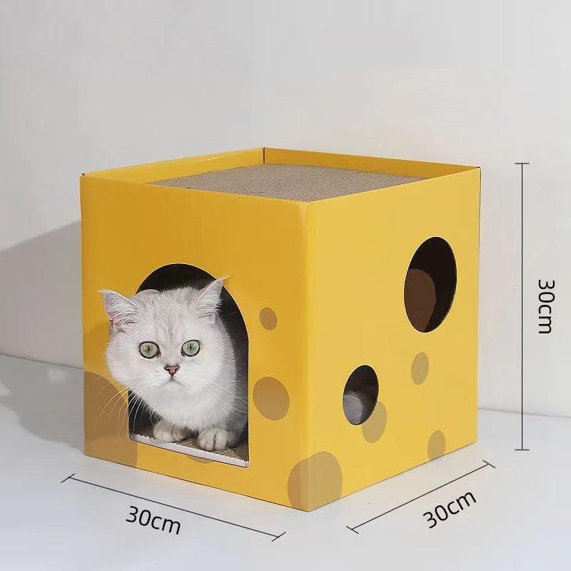 2-Layer Foldable Cardboard Cat House Fun Cheese Design Breathable Sturdy Scratching Post Cat Beds for Sleeping And Playing