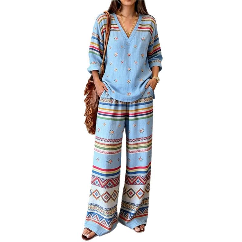 Printed temperament top wide-leg pants two-piece women's clothing European and American fashion suit