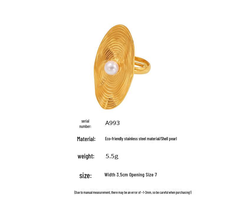 18K Gold Oval Mother-of-Pearl Fingerprint Ring for Women, Unique European and American Style