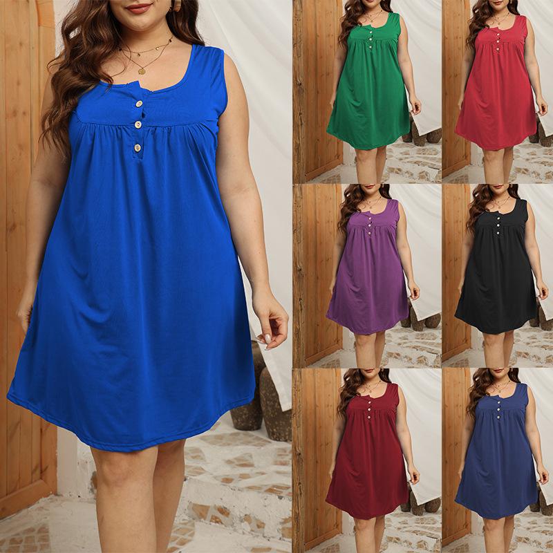 

Women s Plus Size Sleeveless Button Pleated Vest Dress - European & American Style, Loose & Casual Fit XXL темно-синього кольору