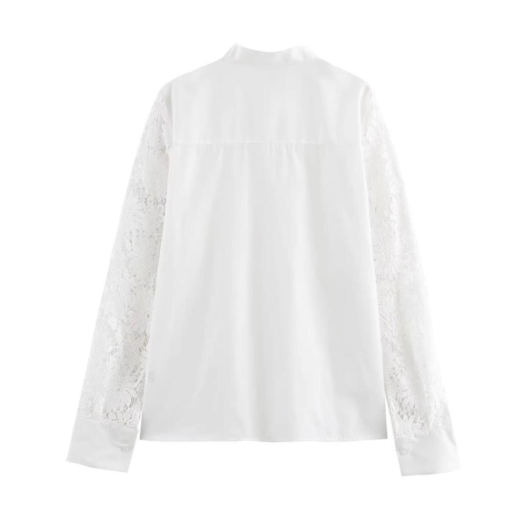 2025 Spring Women's Casual Patchwork Lace Long Sleeve Shirt - European & American Style Fashion