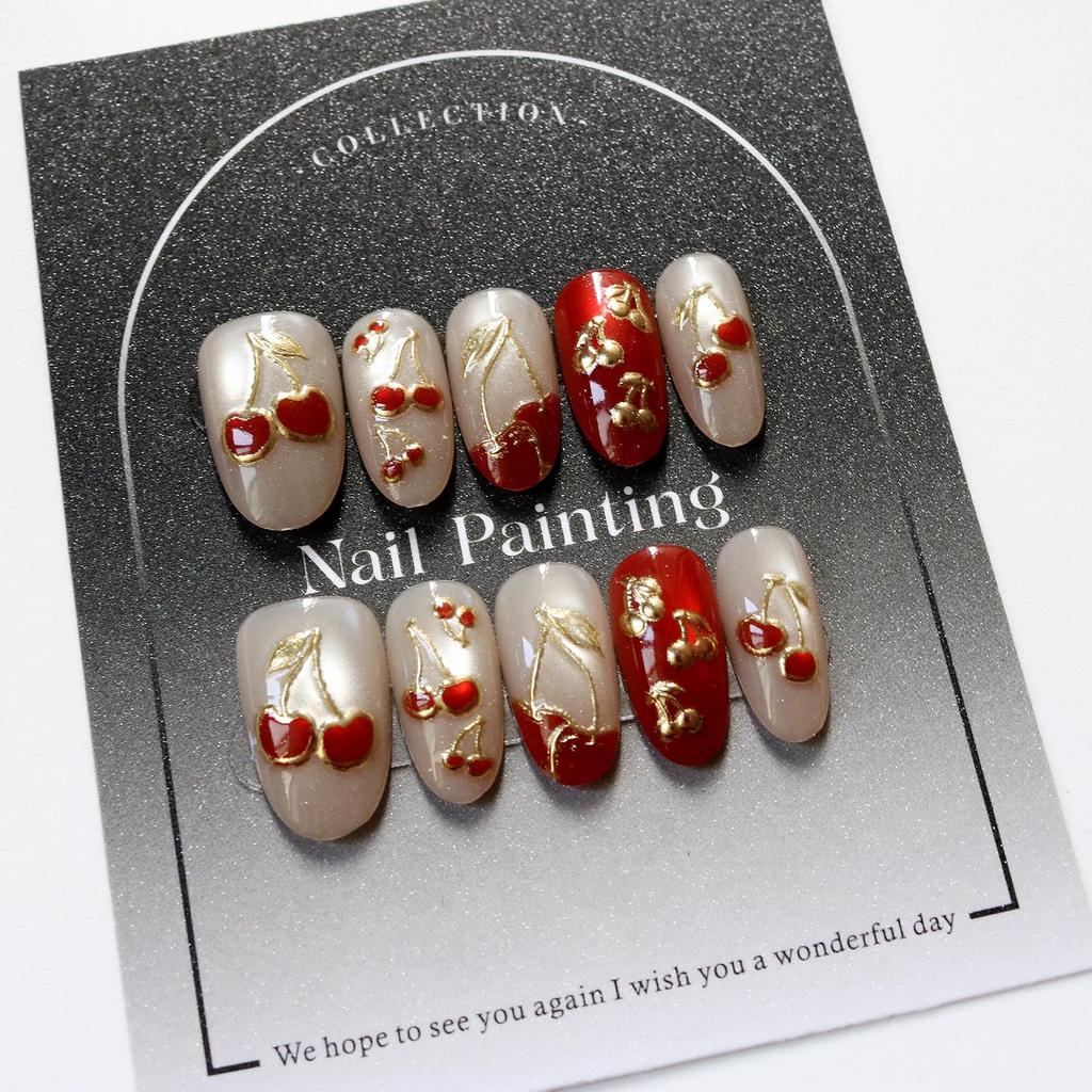 3D Red Cherry Gold-Plated Cat Eye Wearable Nails - Luxurious Skin-Whitening Nail Art Stickers.