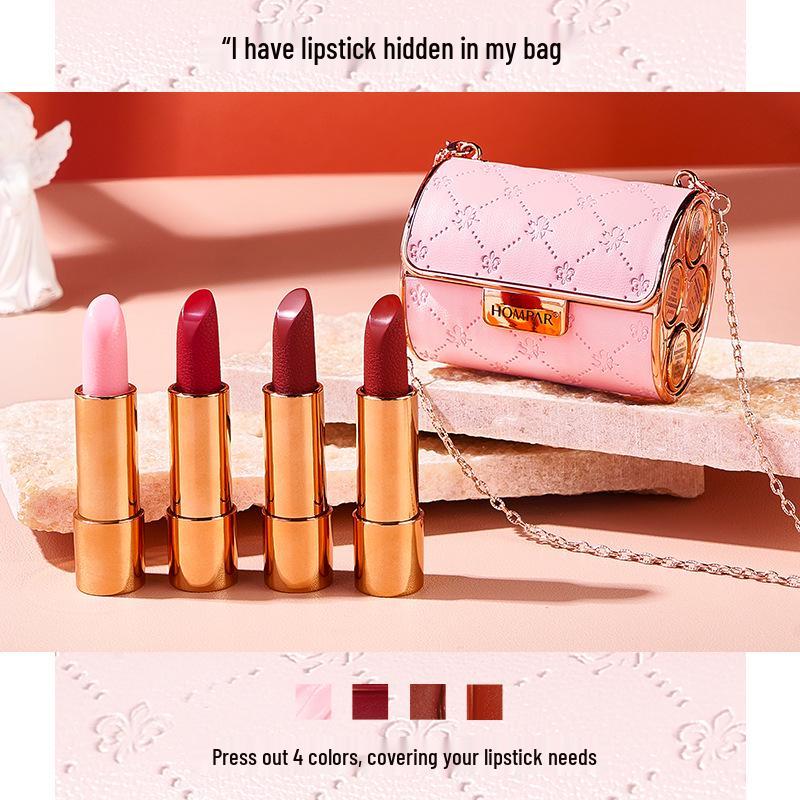 Hanbei'er Luxus Rosa Leder Ketten Tasche & Lippenstift Set: Nicht verblassender Weicher Nebel Feuchtigkeitsspendende Vierteilige Geschenkbox.