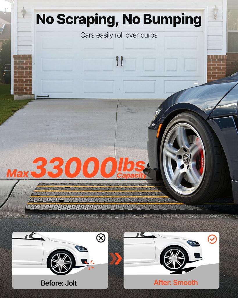 Car Driveway Rubber Curb Ramp, 15 Tons Load Capacity, 66 Mm Rise Curbside Bridge Ramp with Yellow Reflective Strips, Suitable for Loading Dock,
