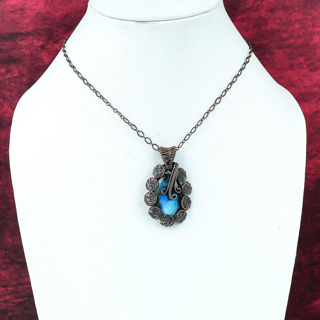 Labradorite Pendant Copper Wire Wrapped Pendant Handmade Designer Pendant Wire Wrap Gemstone Jewelry Flower Pendant Copper Jewelry For Gifts