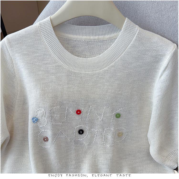 2026 Summer Versatile Embroidered Ice Silk Tencel Knit Women's T-Shirt
