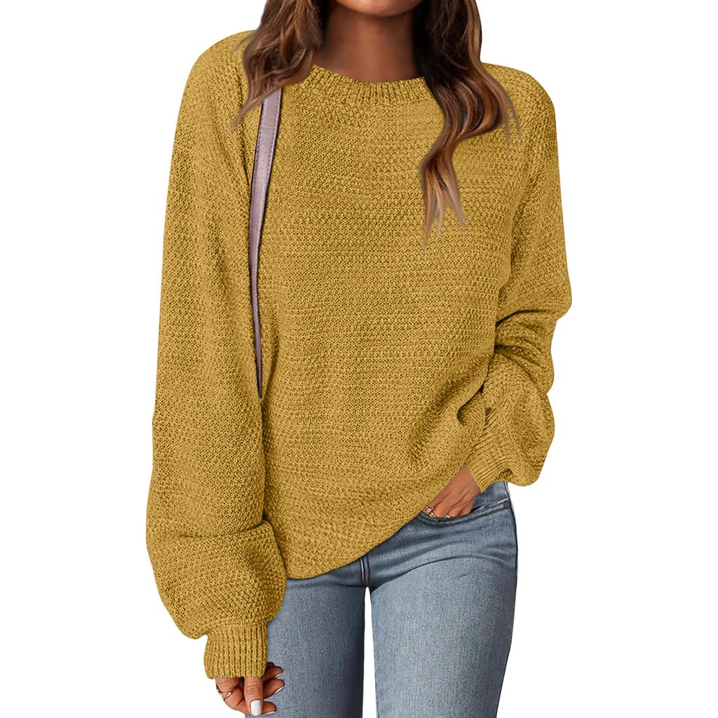 Women's Fashion Round Neck Pullover Sweater Casual Versatile Solid Color Knit Top