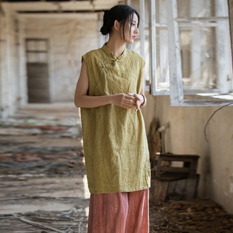 Johnature Women Vintage T-Shirts Sleeveless Summer Stand Tie-dye Chinese Style Button Long T-Shirts