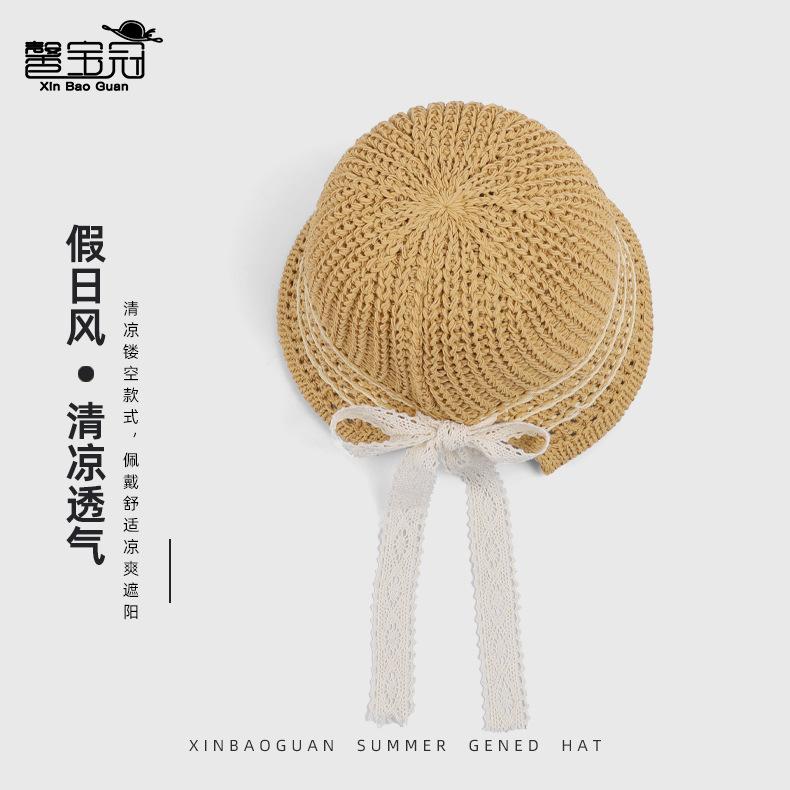 Spring and summer breathable hollow knitted visor casual versatile sunscreen hat women's lace streamer bucket hat