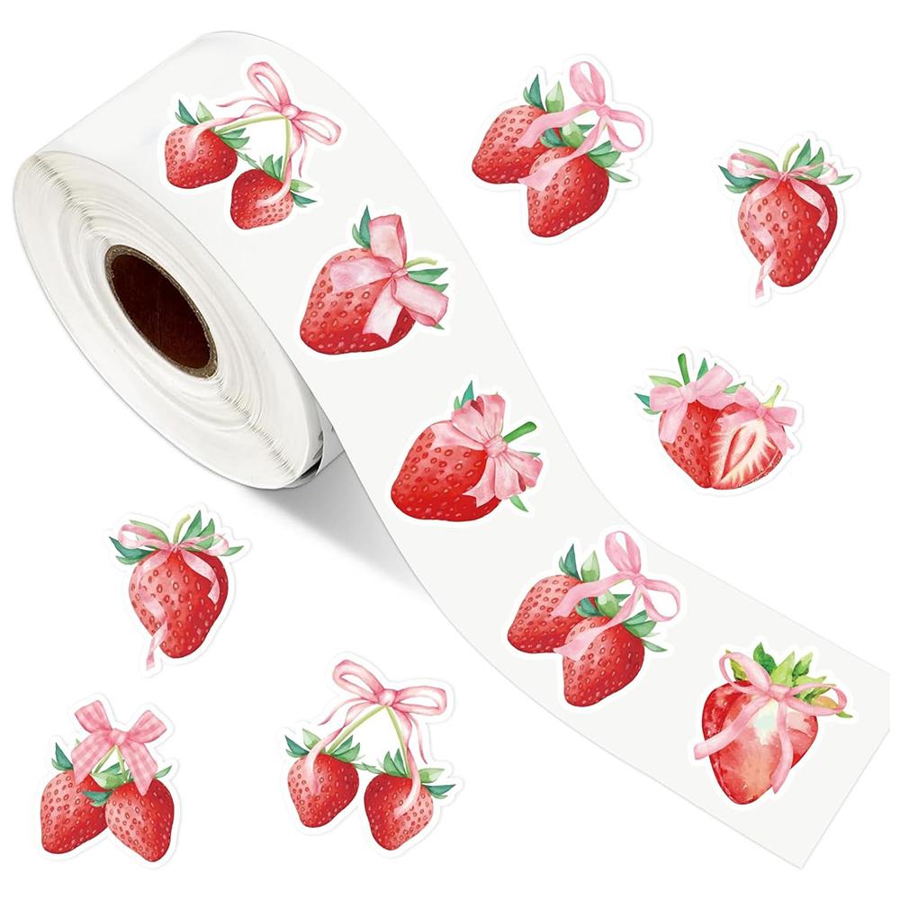 500pcs/roll Strawberry Bow Stickers 2.5cm Pink Bowknot Strawberry Stickers Decoration Notebook Scrapbooking Journaling Gift