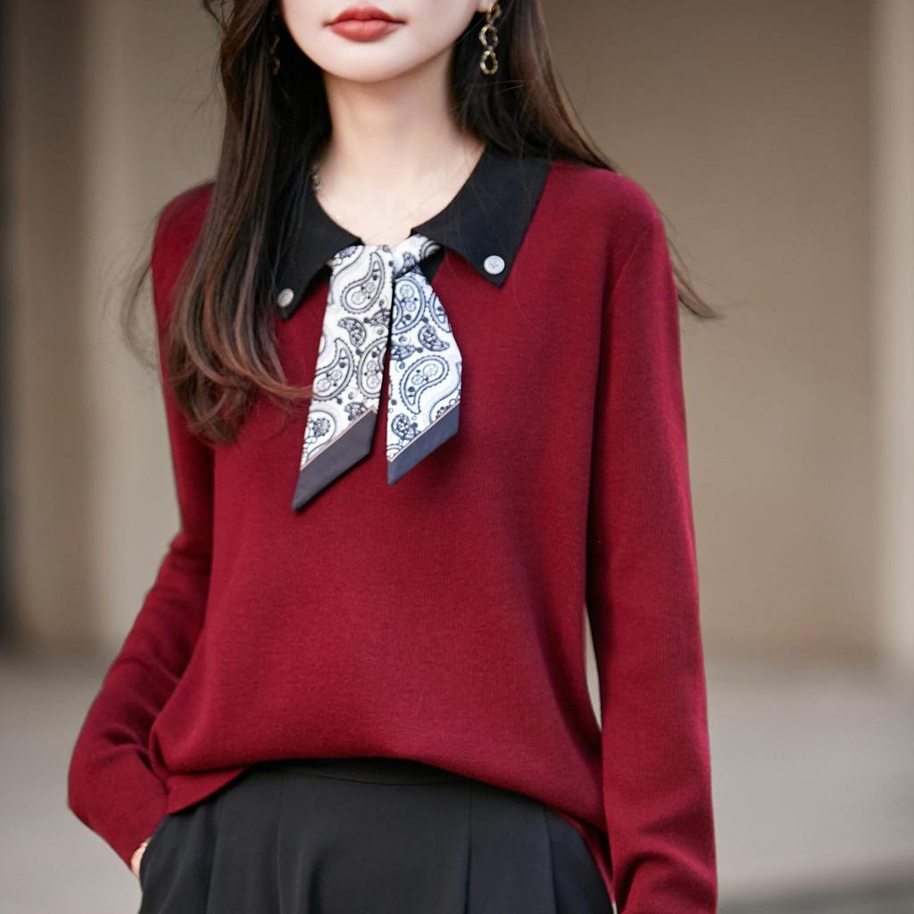 Herbst Seidenschal Wollstrickjacke: Eckiger Ausschnitt, Polokragen, Puffärmel, Strickpullover für einen jugendlichen Look