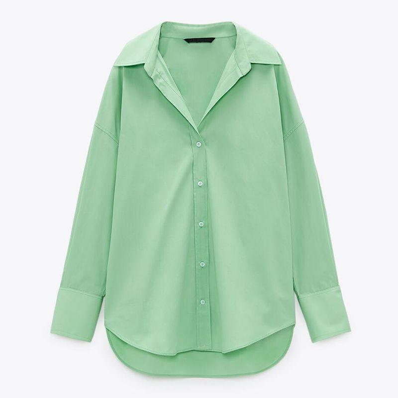 

Lapel Loose Long-Sleeve Poplin White Shirt Fruit Green L