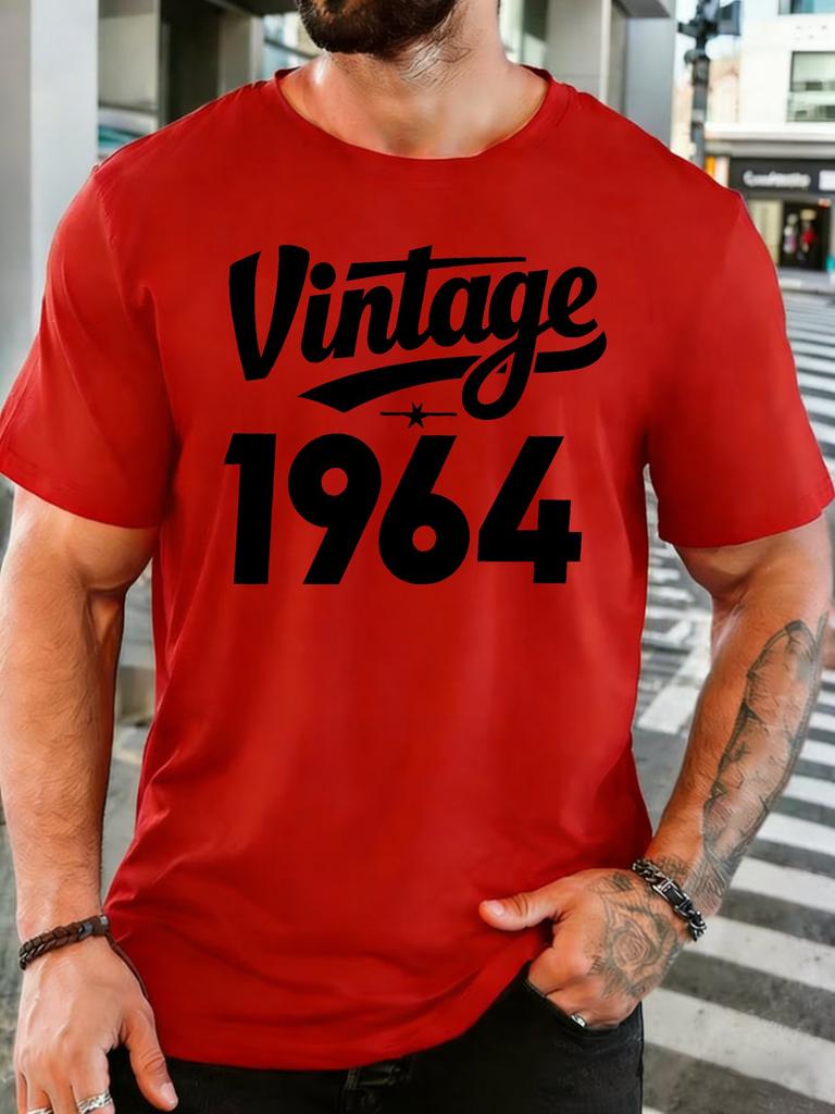 Unisexs Light Cotton T Shirt Bold Vintage 1964 Typography Star Text O Neck Short Sleeve Loose Daily Casual Gift Top For Senior Guys