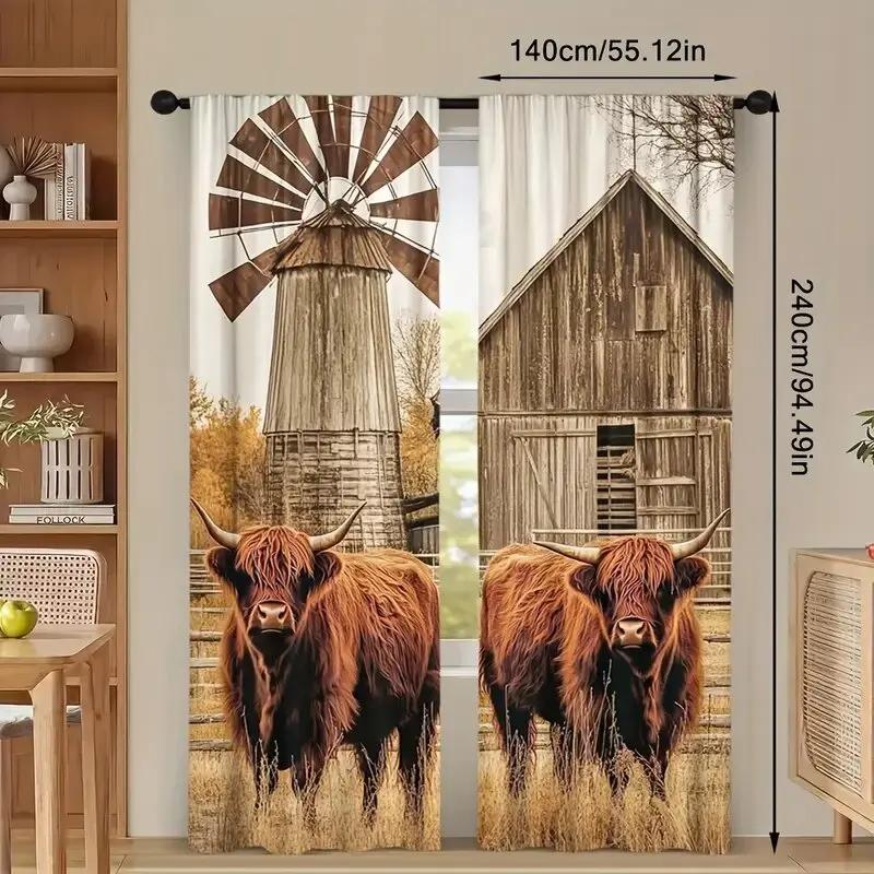 Set Of 2 Farmhouse Style Ox Pattern Printed Curtains Window Decoration Home Room Curtain Polyester