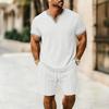 Men's Spring New V-Neck Waffle T-Shirt & Shorts Set - Solid Color, Breathable, Loose Fit, Short Sleeve