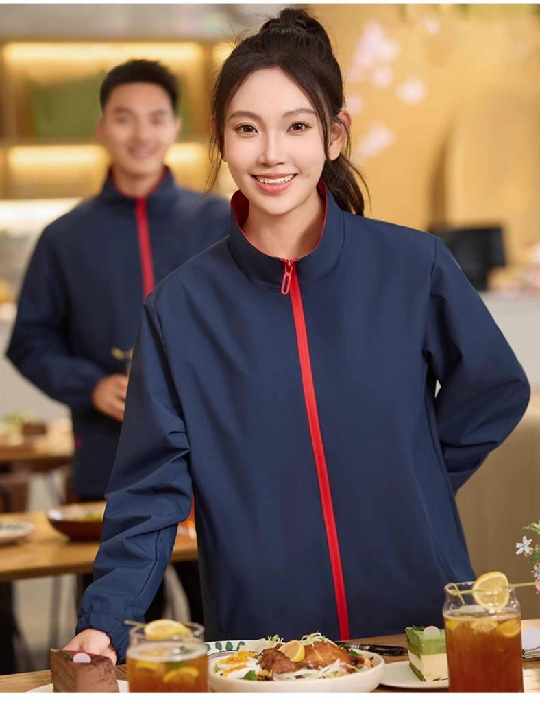 Custom Outdoor Work Jacket for Catering: Restaurant, Milk Tea, Coffee Waiter Uniform with Zipper and Logo Print.