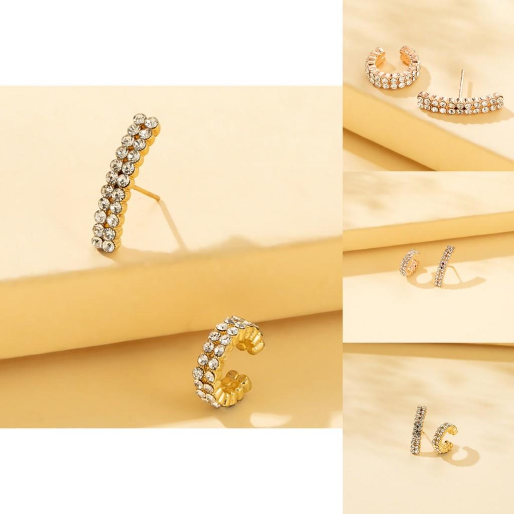Double Row Rhinestone Earrings Set With Geometric Shapes And Plating