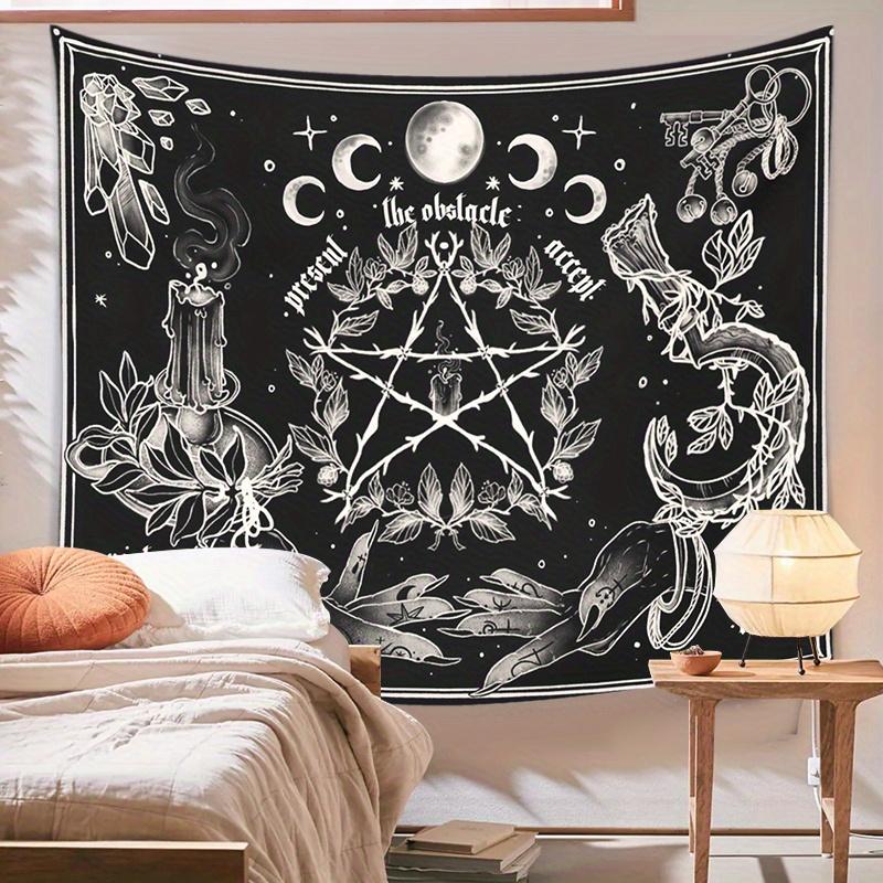 Mysterious Witch Pentagram Moon Phase Tapestry Black and White Magic Ceremony Print Hanging Cloth Room Decoration