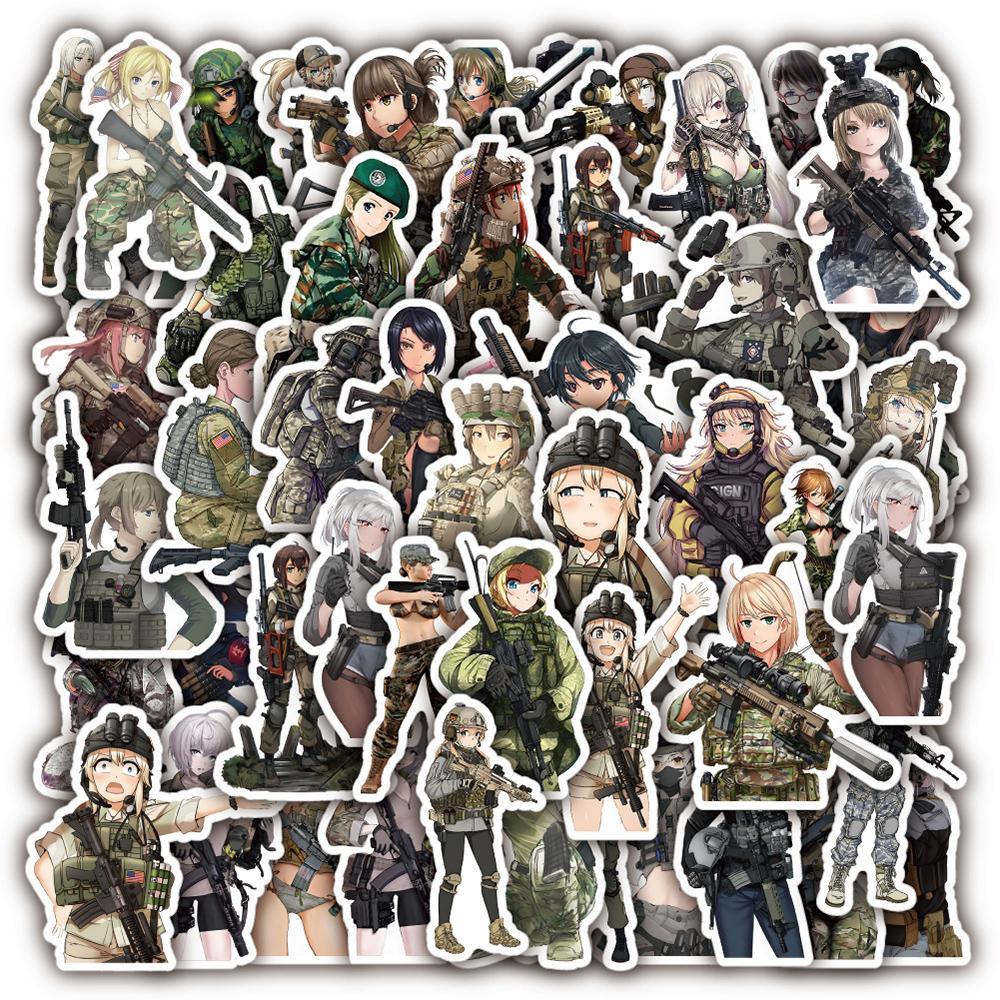 10/30/50pcs Cartoon Camouflage Female Soldier Stickers Cool Graffiti Decals Motorcycle Phone Helmet Bike Waterproof Sticker Pack