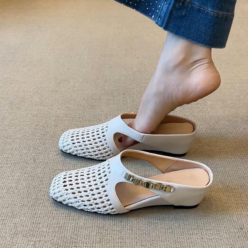 

Версия из овчины~ внутренняя высота увеличивается кожаная верхняя одежда ленивая сумка голова обувь женская металлическая полая плетеная летние прохладные тапочки 40