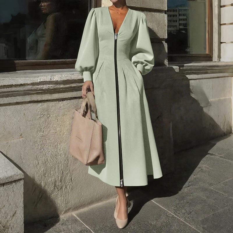 ZANZEA Women Casual Zipper V-Neck Long Sleeve Dress