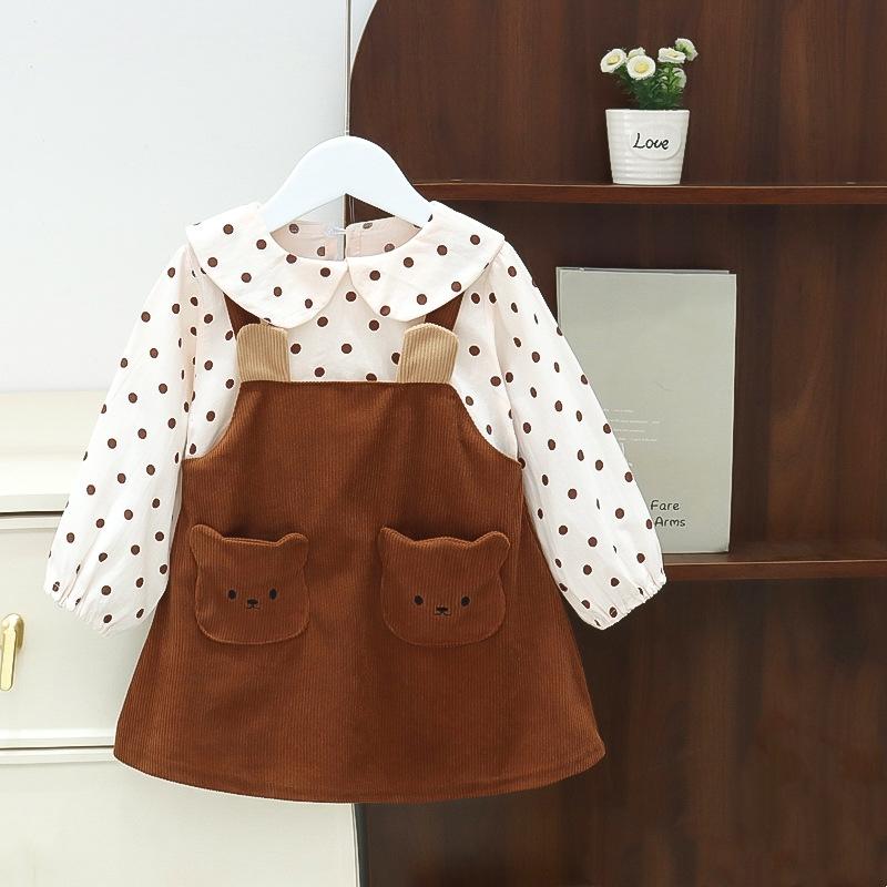 

Детское платье Одежда для девочек Поддельный комплект из двух предметов Весенний круглый топ с длинными рукавами Карманы в горошек Юбки на подтяжках Костюм Детские наряды для девочек 100 коричневый