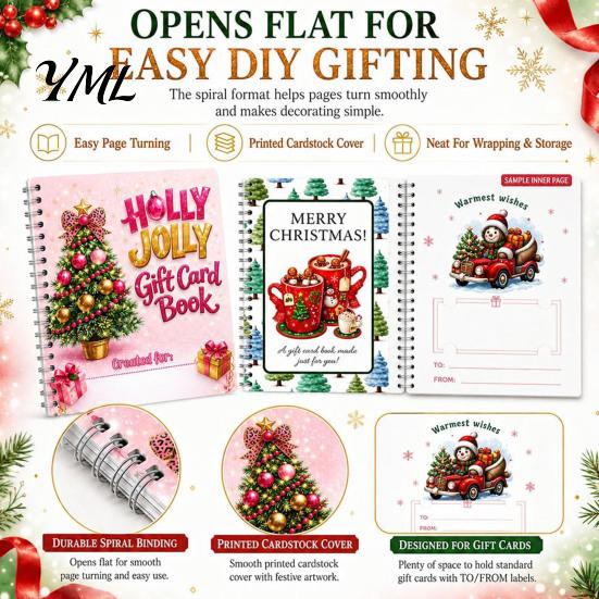 Carpeta de Regalo de Dinero de Temporada Tarjeta de Navidad Holográfica Libro, 7x5 Encuadernación en Espiral Folleto de Recuerdo Festivo, Portador de 10 Páginas Saludo Bolder DIY para