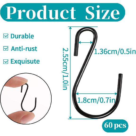 Mozeat Lens 60 PCS S Hooks - Mini S Hooks, Iron Wire Hook Hanger for Hanging Jewelry, Small Kitchenware, Potted Plants, Black