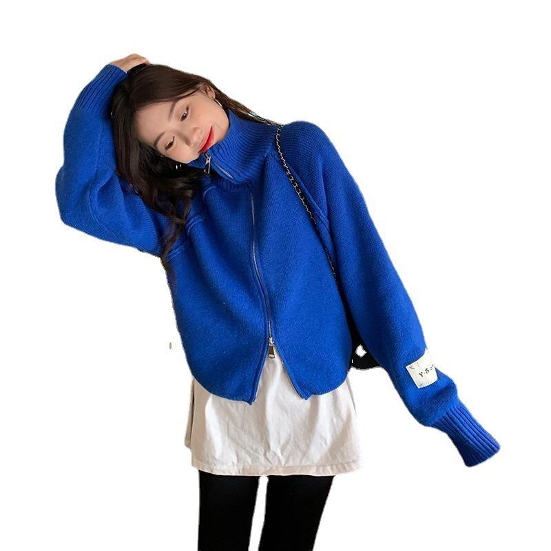Blue Sweater Jacket Fall and Winter Thickened Zipper Design Sense Long-sleeved Knitted Cardigan Tops Female Comfortable Versatile Fashionable