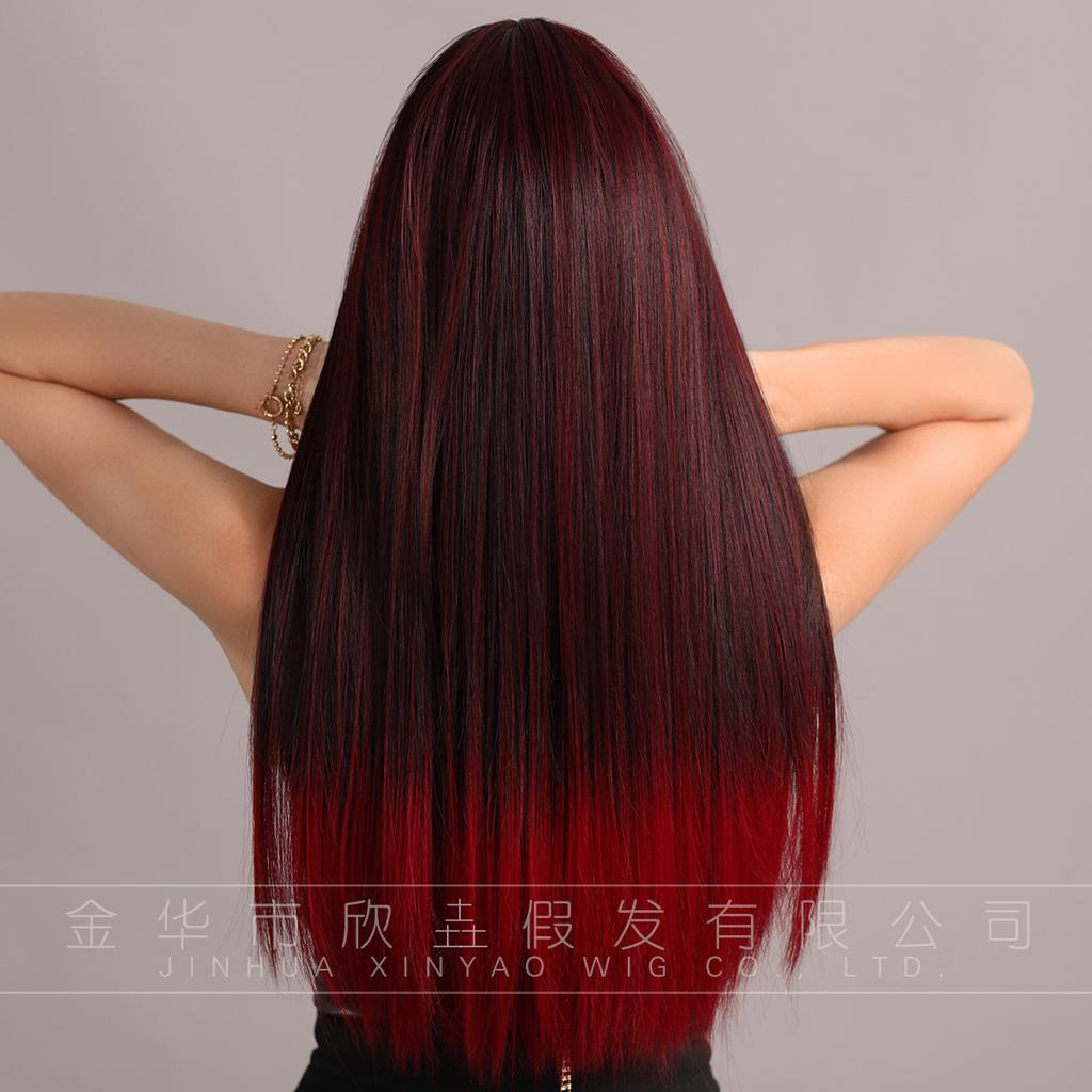 Attention To Ordering - Wig Long Straight Hair European American Style Black Gradient Red Curly Headband Full Top 24 Inches