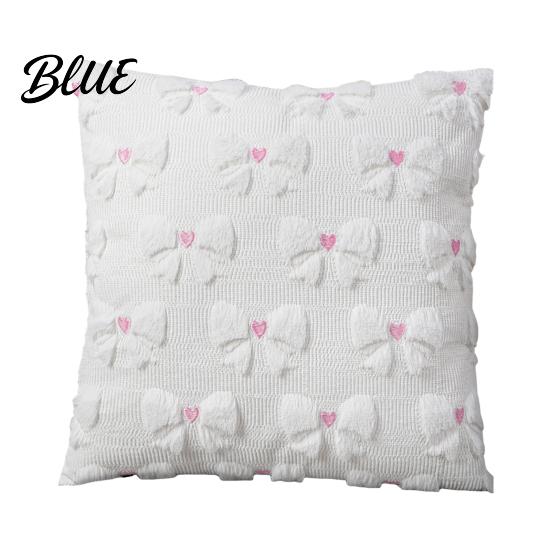 Romantic Room Decor Plush Throw Pillow Cover Heart Embroidery Cushion Case with 3D Bowknot Jacquard Cute Bow Tie Cases Soft Fluffy Decorative