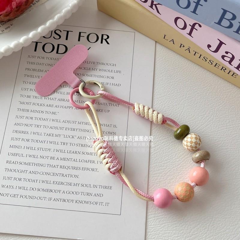

Ins Mobile Phone Chain Hanging Rope Hand Woven Wax Thread Leather Candy Colored Wooden Bead Short Wrist