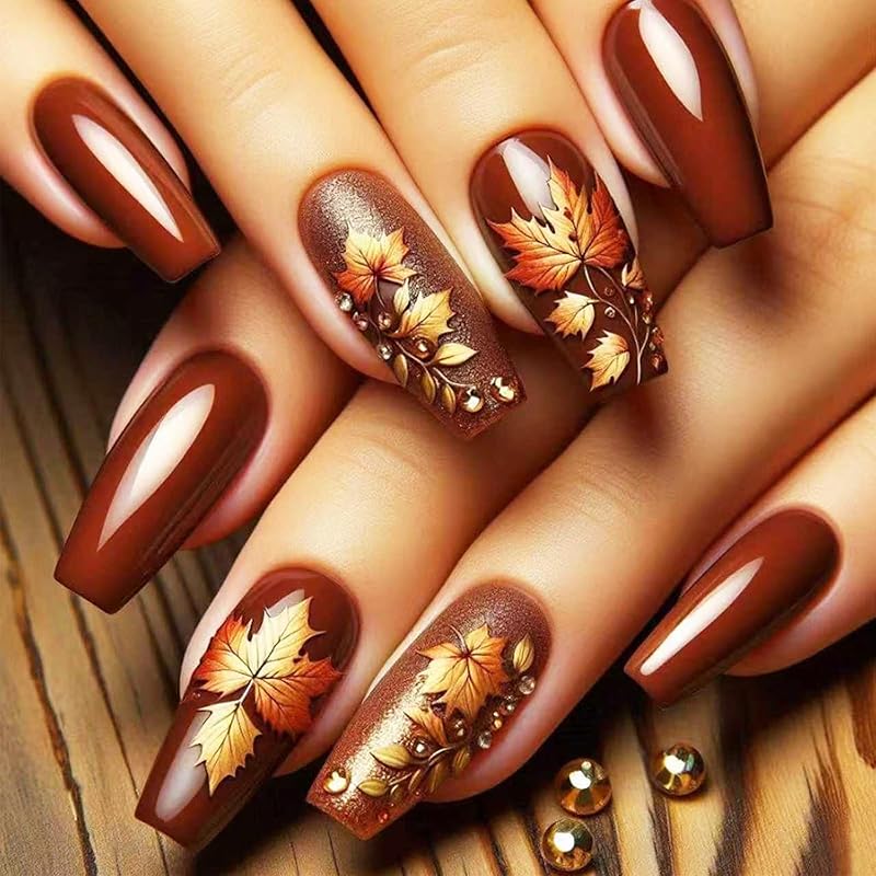 Maple Leaf Press on Nails Fall Leaves Stick on Fingernails Thanksgiving Short Square False Nails 24Pcs Glossy Silver Glitter Acrylic Fake Nail Autumn