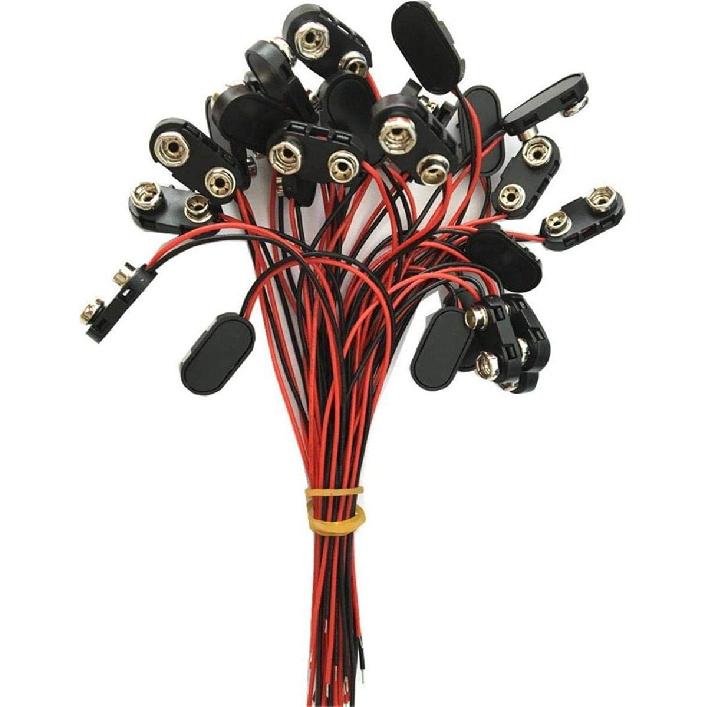 100ea I Shape 9V Battery Button Snap Connector Black Plastic Shell Copper Button 150mm Wire 4mm Tin End