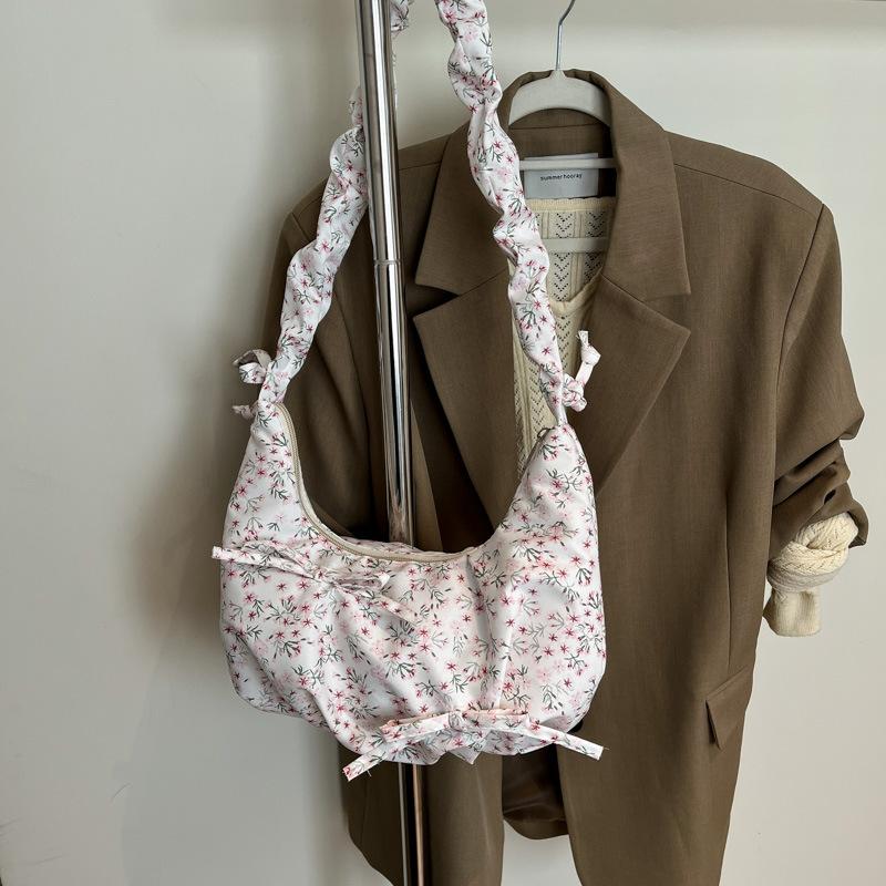 Bow floral pleated cloud bag women's small fresh high-value shoulder underarm bag casual messenger canvas bag bag