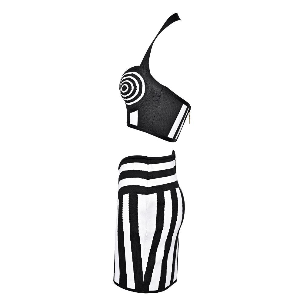 European and American Jacquard Color-Block Bandage Halter Crop Top & Hip-Hugging Skirt Two-Piece Set for Women