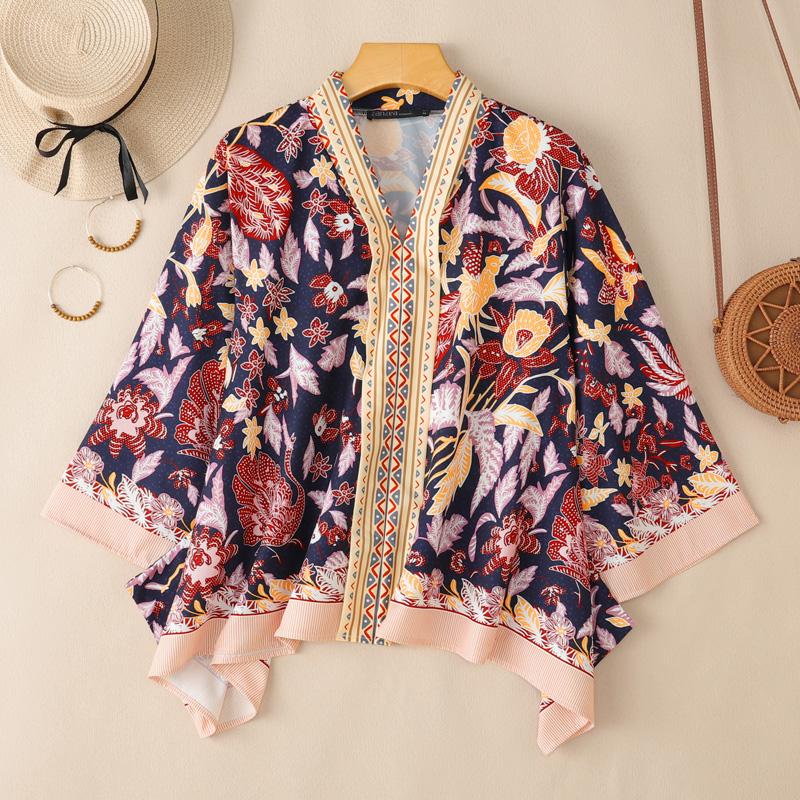 

ZANZEA Женская повседневная блузка с V-образным вырезом, свободного кроя, с рукавом 3/4, с принтом, накидка XL тёмно-синий