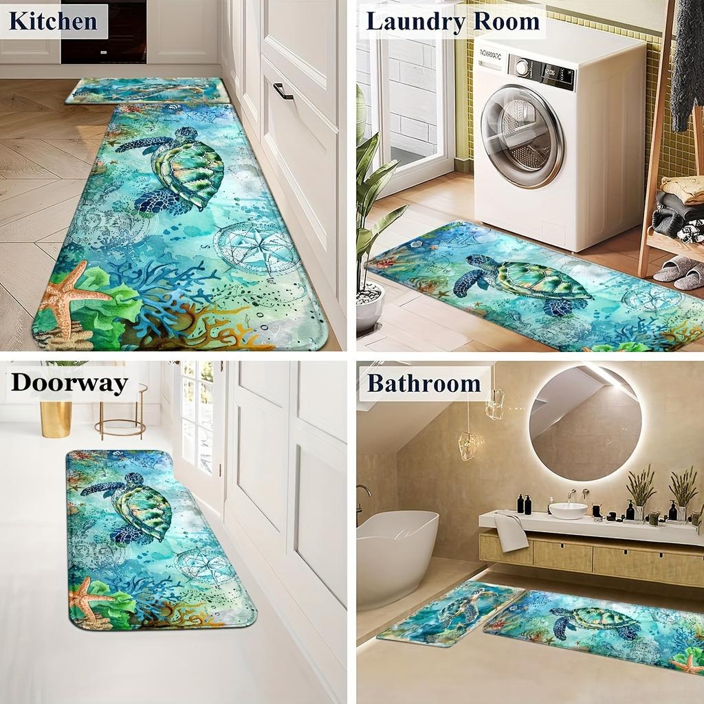 2Pcs Anti Fatigue Kitchen Rugs, OneHouse Sea Turtle Print Waterproof Non-Slip Thick Cushioned Kitchen Mat Heavy Duty Comfort Standing Mat for Kitchen