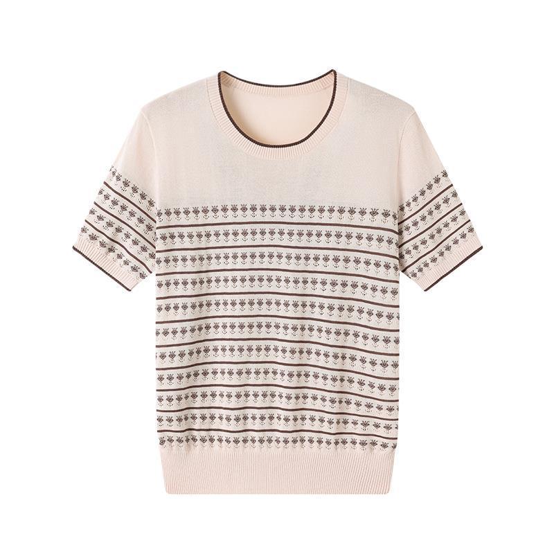 Mom's 2026 Summer Short-Sleeve Striped Knit Top, Ice Silk T-Shirt for Middle-Aged and Elderly Women